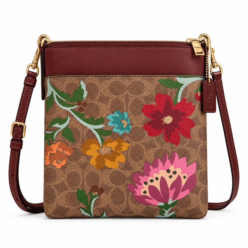 Coach Kitt Messenger Crossbody Women OS Brown Floral Signature Monogram Bag